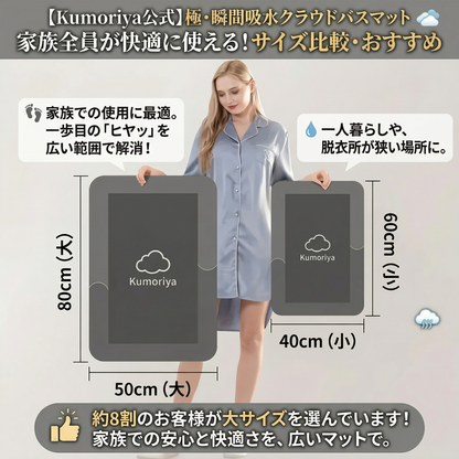 【もう、お風呂上がりの「ヒヤッ」「ベタッ」に悩まない！】 踏んだ瞬間に水滴が魔法のように消える！？まるで雲の上を歩くような極上のふかふか感と、驚異の超吸収・速乾テクノロジーを搭載。家族全員が使っても、最後の一人までずっとサラサラな新感覚バスマット。